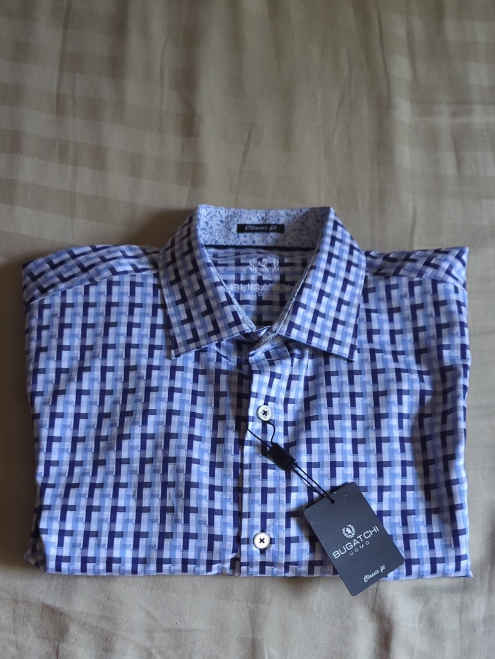 Bugatchi Blue Patterned 100% Cotton Men's Hong Sleeve Dress Shirt Size M